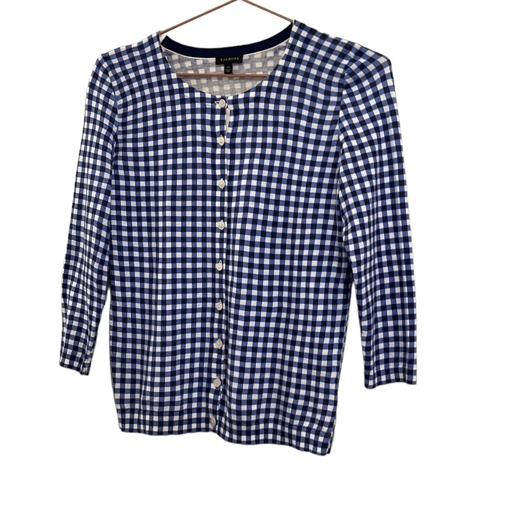 TALBOTS Gingham Cardigan Tank Blue Sweater - Picture 3 of 12